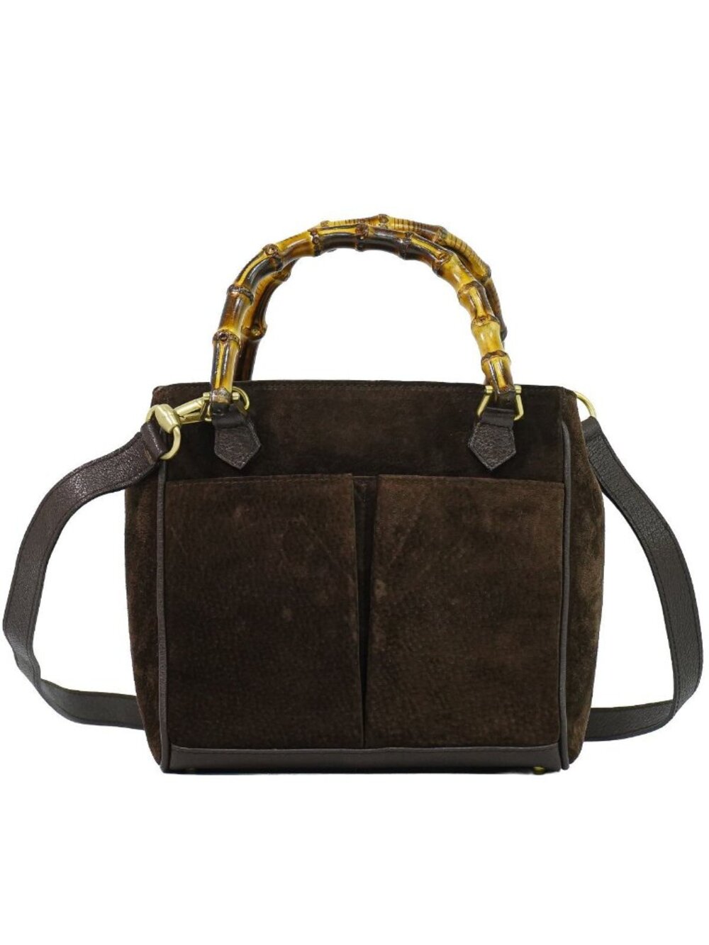 Gucci Bamboo 2-Way Shoulder Bag Pochette Suede Leather Brown